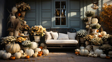 Front Porch Decorated For Thanksgiving Day With Homemade Wreath Hanging Door Pumpkins. Generative Ai