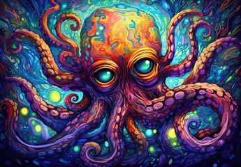 Close-up of a colorful octopus with many tentacles. Surreal monster with dripping drops of paint. Illustration can be printed on t-shirt, bag, postcard, case, pillow and other products.