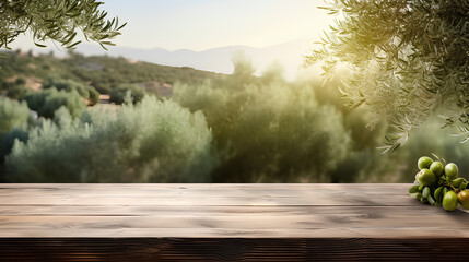 Wall Mural - Empty old wooden board table copy space with olive trees in background, use for product display.
