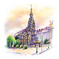 Wall Mural - Watercolor sketch of Swidnica Cathedral, Silesia, Poland.