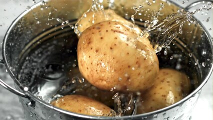 Sticker - Potatoes fall into a bucket of water. Filmed on a high-speed camera at 1000 fps. High quality FullHD footage