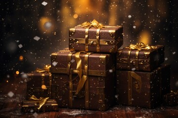 Sticker - Christmas presents on a wooden table with gold ribbons, AI