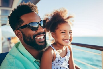 Wall Mural - African child girl traveling on a cruise ship with their father enjoying the beautiful sunny atmosphere on board