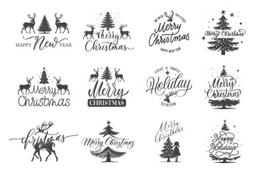 Wall Mural - Merry Christmas. Happy New Year. Typography set. Vector logo, emblems, text design. Usable for banners, greeting cards, gifts etc.