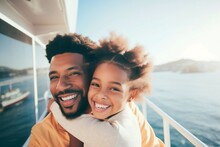 African Child Girl Traveling On A Cruise Ship With Their Father Enjoying The Beautiful Sunny Atmosphere On Board