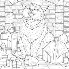 Wall Mural - Cat and gifts.Coloring book antistress for children and adults. 