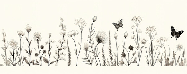 Outline Style Illustration Of Wildflowers, Herbs, Flowers, And Butterflies