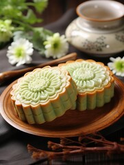 Wall Mural - Chinese mid autumn festival mooncake on wooden table, AI Generated