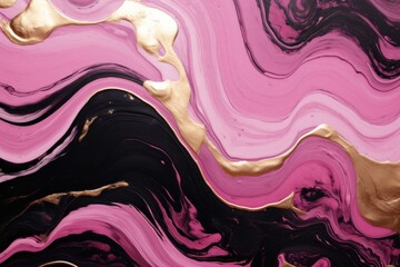 Wall Mural - The Art of Suminagashi. Very nice pink and black paint with gold line. Golden swirl, artistic design. The style includes swirls of marble or ripples of agate. Elegant composition.