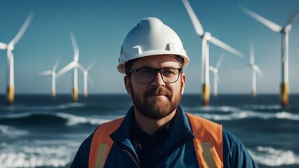 Wall Mural - marine wind farm engineer with ocean backdrop-topaz.jpeg, marine wind farm engineer with ocean backd