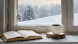 © Mary - winter still life with hot coffee and book on vintage windowsill view of snowy landscape with copyspace for text