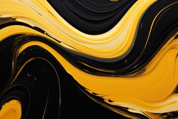 Wall Mural - Suminagashi art. Yellow and black with gold line. Elegant composition. Golden swirl, artistic design. The style includes swirls of marble or ripples of agate