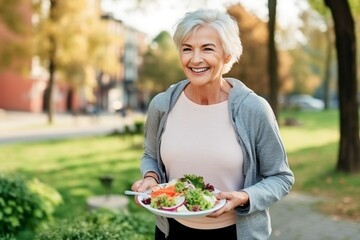 Caucasian old woman eating healthy salad after exercising in the park in sportswear during the day