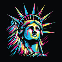 A Colorful Portrait Of The Statue Of Liberty From The United States (New York). For T-shirts, Stickers, Tattoos, Posters. Neon Colors On Black Background. Graffiti Style