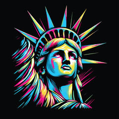 A colorful portrait of the Statue of Liberty from the United States (New York). For T-shirts, stickers, tattoos, posters. Neon colors on black background. Graffiti style