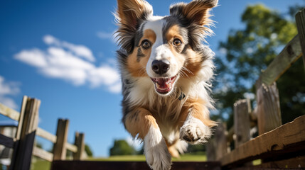 Wall Mural - Portrait of border collie dog jumping over fence in summer day. 