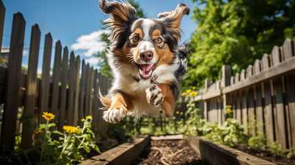 Sticker - Portrait of border collie dog jumping over fence in summer day. 