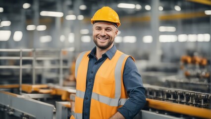 Wall Mural - Portrait of a happy european factory worker wearing hard hat and work clothes