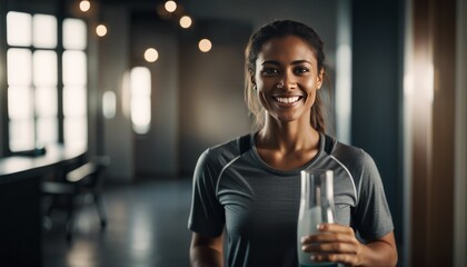 cinematic photo Portrait of a young sporty happy woman looking cheerful at the camera and smiling