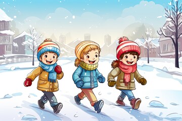 Three children walk through city on Christmas. Winter games and fun. Generative AI