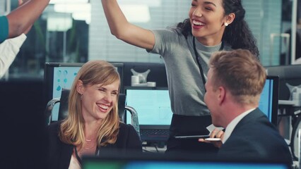 Poster - Team, high five and collaboration for success, tablet and finance with group project, digital app and internet. Business people, teamwork and hand gesture for planning, achievement and support