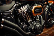 Engine And Interior Of A New Design Motorcycle, Closeup
