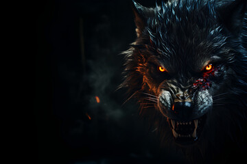 werewolf closeup in the shadows. angry looking. glowing eyes. horror banner. sharp teeth. sharp fangs.