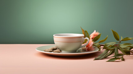 Canvas Print - A cup of tea and flowers on green background