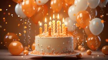  A Birthday Cake With Lit Candles Surrounded By Orange And White Balloons.  Generative Ai