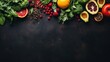  a variety of fruits and vegetables on a black background with space for text.  generative ai
