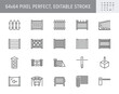 Fence types line icons. Vector illustration include icon - chainlink, wood, blinds panels, masonry, artistic forging metal gates outline pictogram for guardrail. 64x64 Pixel Perfect, Editable Stroke