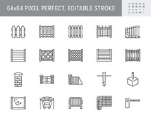 Fence Types Line Icons. Vector Illustration Include Icon - Chainlink, Wood, Blinds Panels, Masonry, Artistic Forging Metal Gates Outline Pictogram For Guardrail. 64x64 Pixel Perfect, Editable Stroke