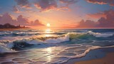 Fototapeta Dmuchawce - Gentle waves lapping the sandy shore during a serene sunset.