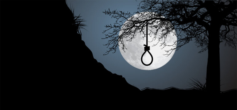 Gallows with rope noose. Line pattern. Rope loop. Gallows hanging noose rope and tied knot. Rope knotted in noose. Hangman knot. Halloween, dead icon. support and depression therapy suicide concept.