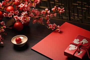 Wall Mural - beautiful asian style gift box with ribbon on table. AI Generated