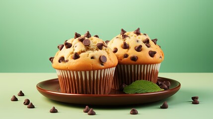  two chocolate chip muffins on a plate with mint leaves.  generative ai