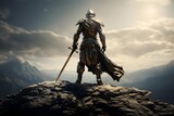 Fototapeta Londyn - 3D illustration of a medieval knight in armor on a mountain top