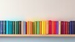  a row of colorful books on a wooden shelf against a white wall.  generative ai
