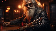 Elderly Male Rocker In A Bar. A Grandfather With A White Beard And A Leather Jacket Plays The Guitar And Drinks Whiskey. Hardcore Old Man. Festive Neon Decor On Background.