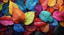  A Painting Of Colorful Leaves On A Black Background With A Red, Yellow, Green, And Blue Leaf.  Generative Ai