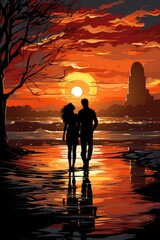 Sticker - A couple walking on the beach at sunset, AI