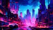 Night city panoramic view with street lights and cars. Illustration