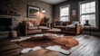 Living room decor, home interior design . Rustic Industrial style with Stone Fireplace decorated with Leather and Metal material . Generative AI AIG26.