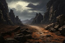 A Dark Pathway Winding Through A Stormy Savannah Landscape With Rocky Cliffs And Stones. Generative AI