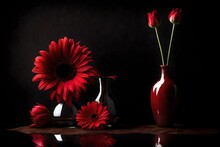 Deep Red Flower In Brown Glass Vase On Black Textured Background. 