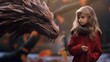 Сoncept of a little girl's fears. Girl and the dragon	