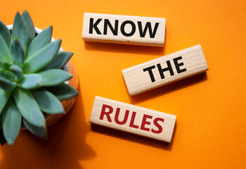 Poster - Know the rules symbol. Wooden blocks with words Know the rules. Beautiful orange background with succulent plant. Business and Know the rules concept. Copy space.