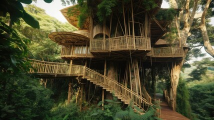 Wall Mural - The large tropical treehouse with stair in jungle. Generative AI image AIG30.