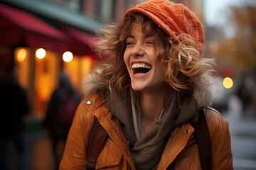 Laughing woman with wavy hair wearing an orange hat on a city street