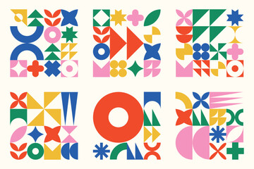 Wall Mural - set of geometric color pattern print background, bauhaus shapes pattern, bauhaus abstract background